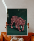 Pink Leopard Wall Art featuring bold pink tones, black details, green setting, ideal for office