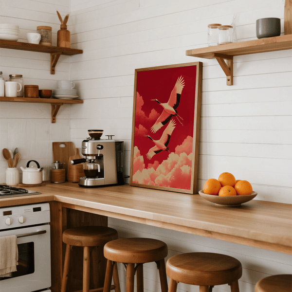 Cranes Flying Wall Art, rouge minimaliste, espace de travail, impression artistique