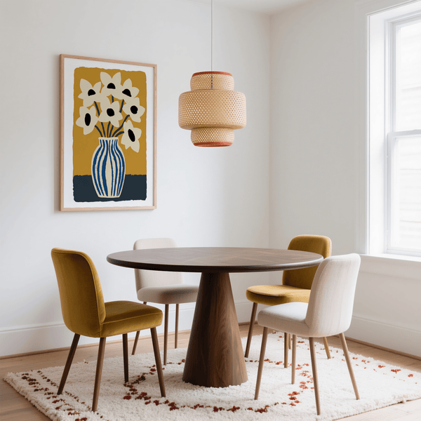 Impression artistique Motif floral beige avec vase bleu, décoration murale pour entrée