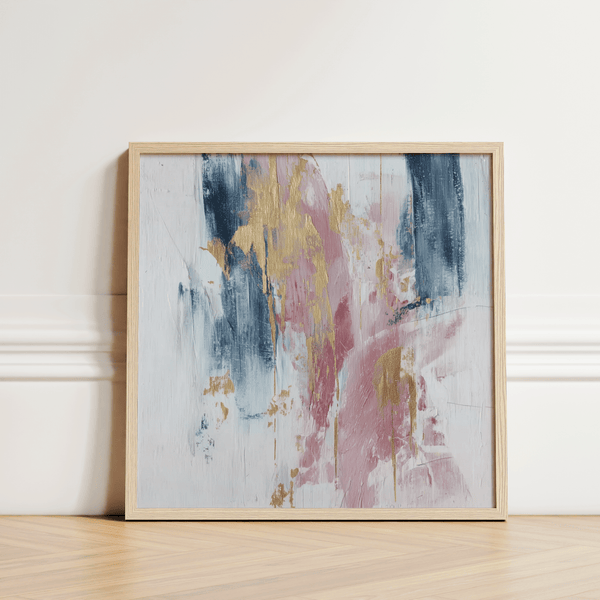 Œuvre d'art abstraite carrée rose, bleue et dorée pour décorer votre entrée