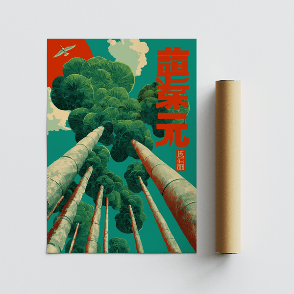 Impression artistique représentant un arbre japonais dans des tons verts et bleus avec du rouge, pour une affiche de coin lecture