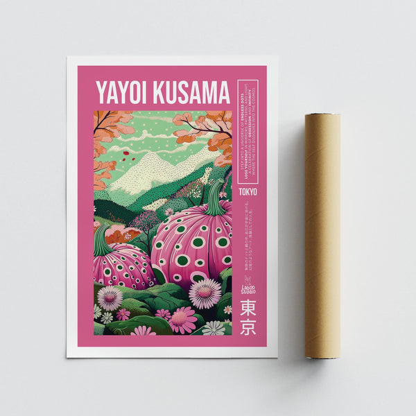 Un paysage ludique de champ de citrouilles représenté dans une décoration murale aux couleurs vives avec du rose.