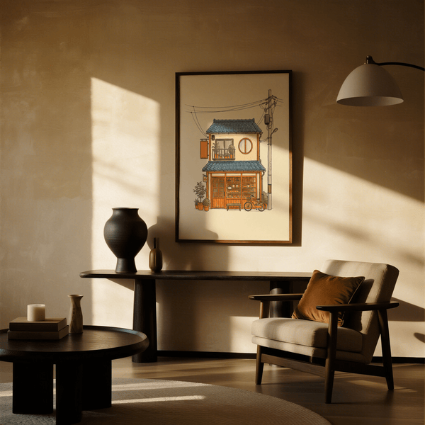 Impression artistique de style japonais représentant une boulangerie, un toit bleu, une décoration murale pour le salon