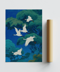 Impression artistique représentant un oiseau, dans les tons bleus et verts, pour décorer votre bureau
