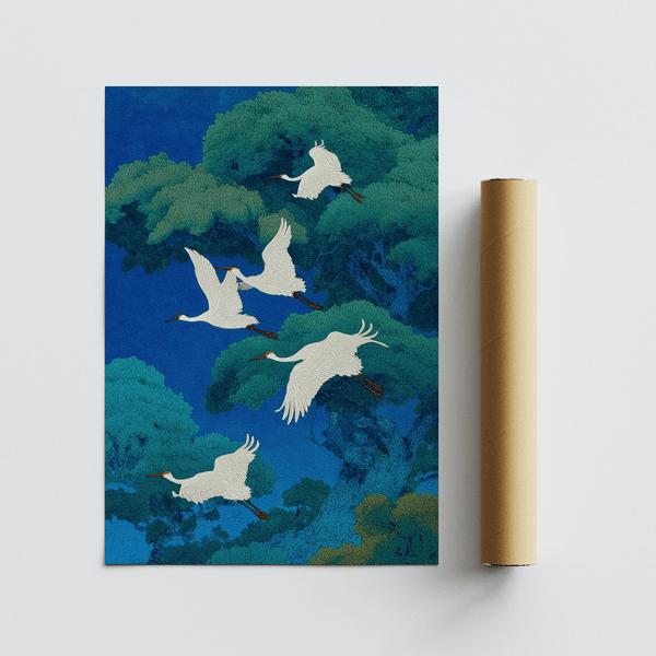 Impression artistique représentant un oiseau, dans les tons bleus et verts, pour décorer votre bureau