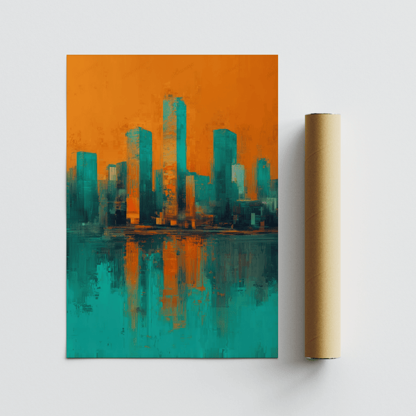 Modern Skyline Poster showing abstract orange and teal skyline for entryway wall art