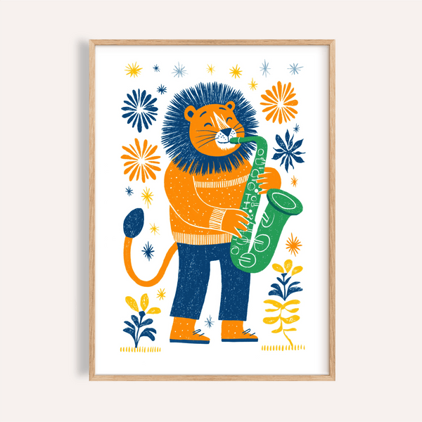 Impression artistique Saxophone Lion, multicolore, décoration murale pour chambre d'enfant, impression pour enfants