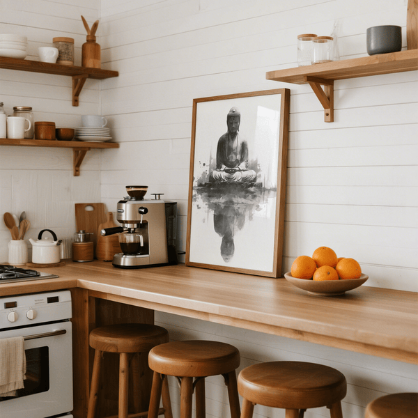 Impression Bouddha méditant, blanc, salon, affiche