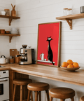 Décoration murale fantaisiste représentant un chat pour apporter une touche audacieuse à votre salon, imprimé noir, blanc et rouge