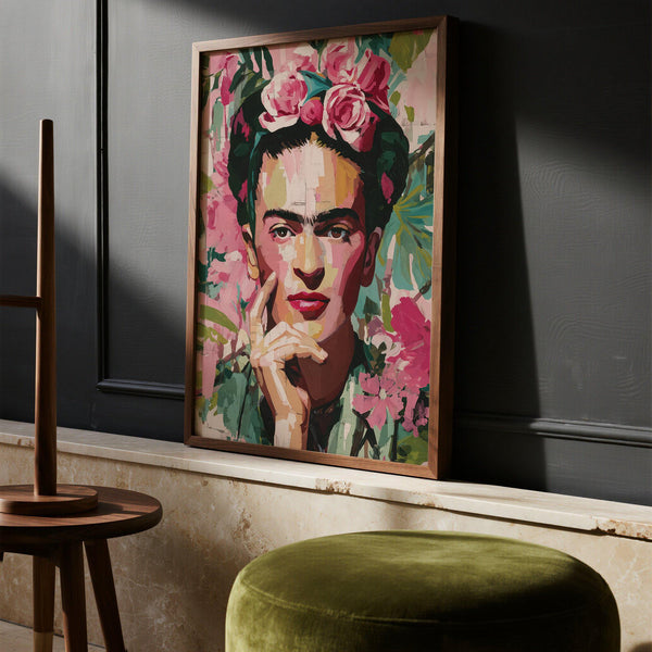 Impression murale Frida Kahlo avec texture de coups de pinceau et coiffe florale.