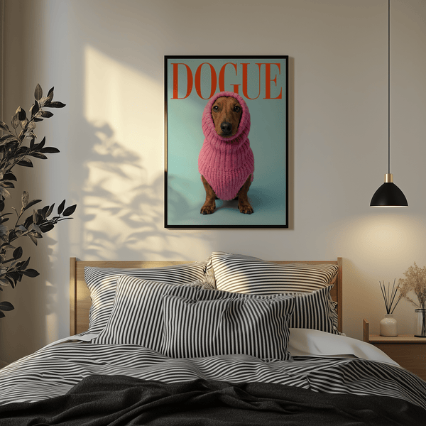 Impression amusante représentant un teckel brun vêtu d'un pull rose, pour décorer une chambre à coucher.