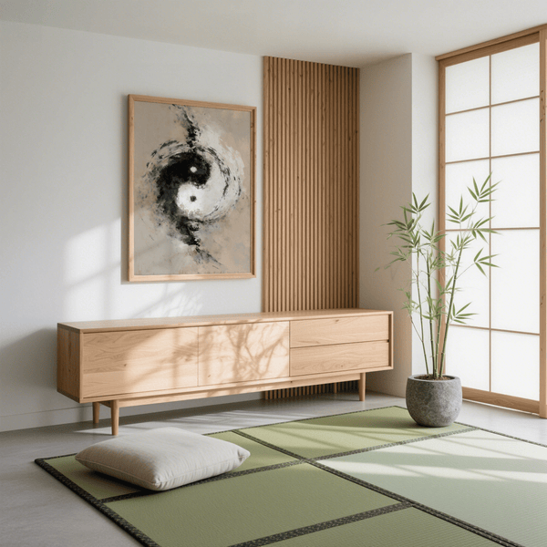 Impression artistique abstraite Yin Yang avec tourbillon noir sur fond blanc pour décorer le mur de votre salon