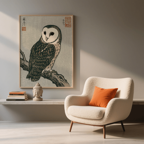 Impression artistique japonaise représentant un hibou, dans les tons vert, blanc et marron, pour un coin lecture