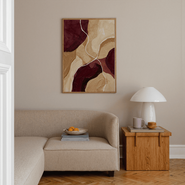 Impression abstraite bordeaux, accents rouge foncé, beige, pour la décoration d'une entrée