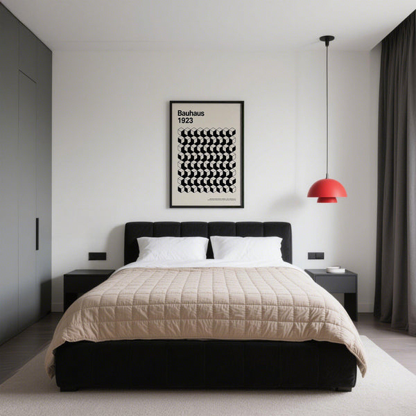 Motif d'illusion d'optique dans une affiche noir et blanc au style Bauhaus.