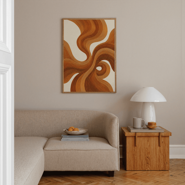 Décoration murale avec orange brûlé, courbes orange et marron tourbillonnantes, impression artistique pour entrée