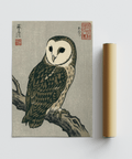 Impression artistique représentant un hibou japonais en vert, gris et blanc pour décorer les murs d'un couloir