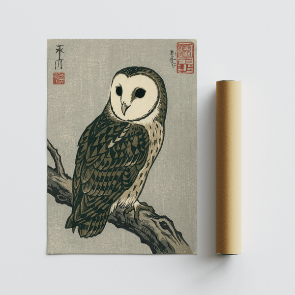 Impression artistique représentant un hibou japonais en vert, gris et blanc pour décorer les murs d'un couloir