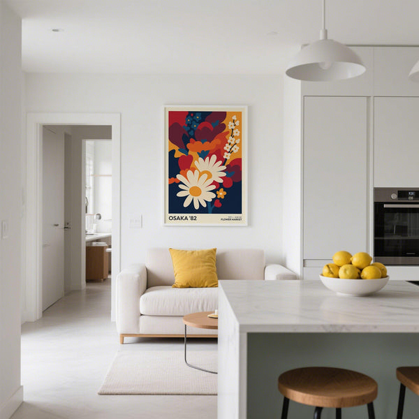 Imprimé floral rétro graphique avec des marguerites et un fond coloré.