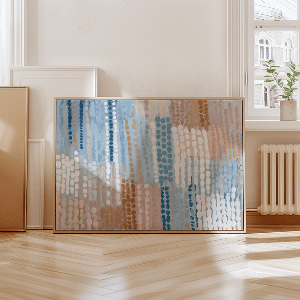 Imprimés abstraits bleu pastel et rose mettant en vedette des tons doux de bleu et de rose pour décorer les murs de votre bureau.