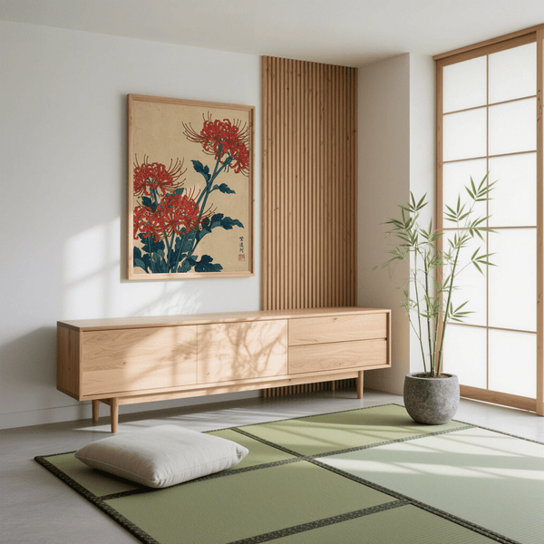 Poster mural japonais sur le thème botanique, avec des tons beiges et bleus, idéal pour une salle d'étude.