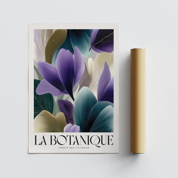 Affiche minimaliste représentant des plantes aux formes organiques, dans les tons vert et beige.