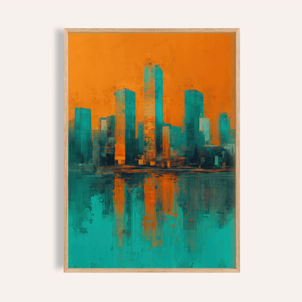 Poster moderne représentant une ligne d'horizon, dans les tons orange et bleu sarcelle, pour décorer les murs de votre salon.