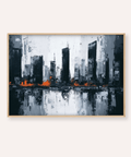 Art mural abstrait représentant une ville en gris, noir et orange pour décorer le mur de votre salon