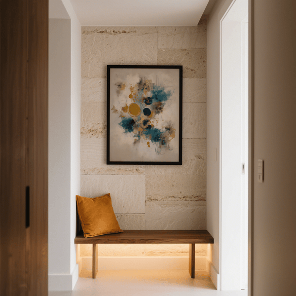 Impression d'art moderne aux couleurs dynamiques bleu, or et beige pour une pièce minimaliste