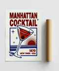 Retro Manhattan Cocktail Art Print in red and blue for bar wall art