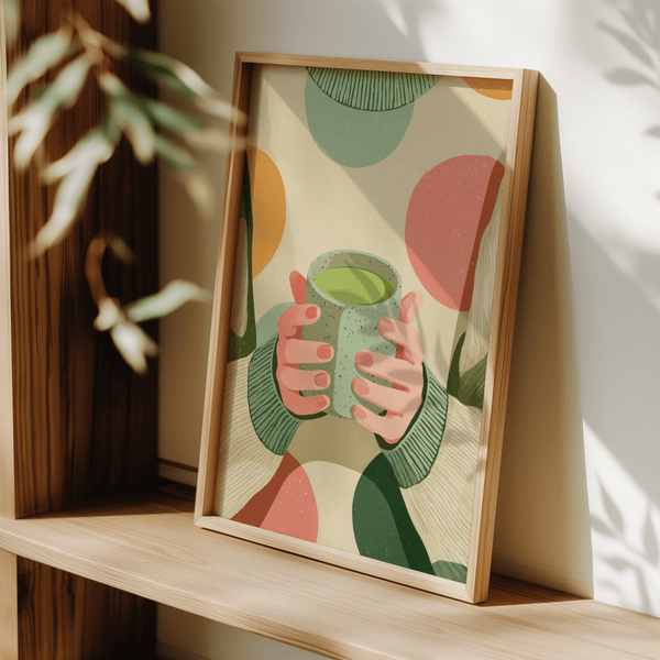 Affiche Cozy Matcha Art, décoration murale parfaite en vert et beige pour le bureau