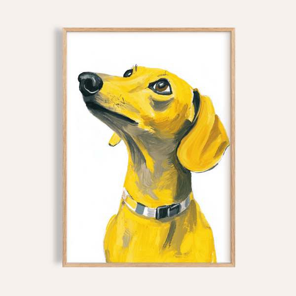 Impression d'un chien teckel aux couleurs jaune et blanc pour une décoration murale dans votre salon