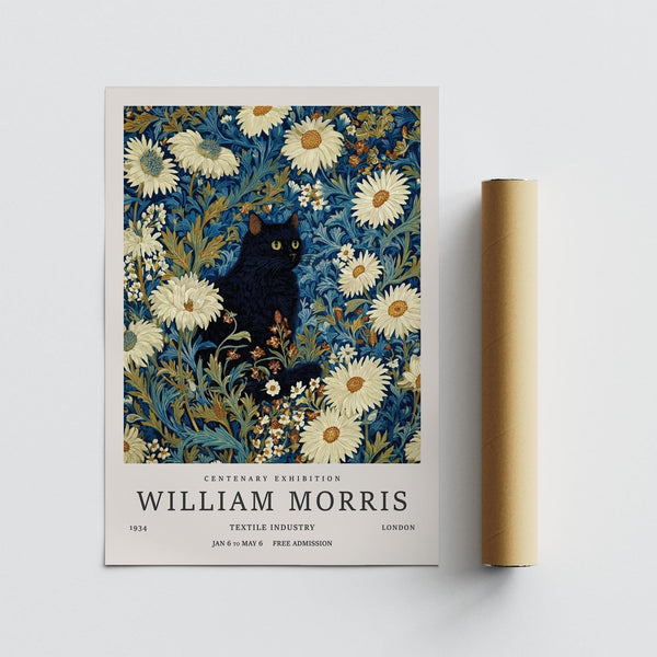 Reproduction artistique représentant un chat noir assis parmi des marguerites crème et des feuilles bleues – Reproduction artistique « Black Cat ».