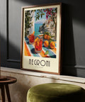 Affiches italiennes représentant deux Negronis avec vue sur la côte et des fruits méditerranéens colorés.