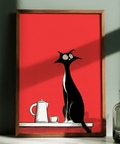 Décoration murale fantaisiste pour couloir contemporain, impression artistique représentant un chat noir et blanc sur fond rouge