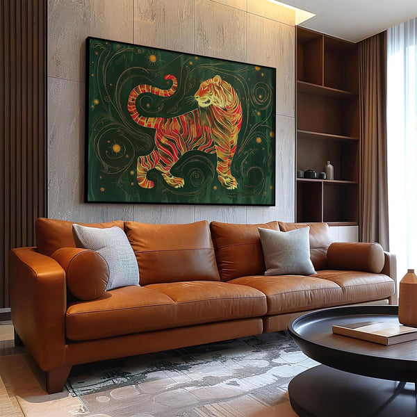 Élégant tableau mural oriental aux tons profonds et aux influences culturelles