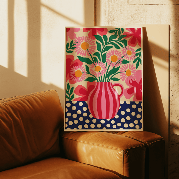 Impression artistique joyeuse et colorée représentant des fleurs rouges et bleues, conçue pour décorer les murs de la cuisine.