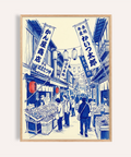Japanese Market Art Print in blue, red, and white for kitchen wall art