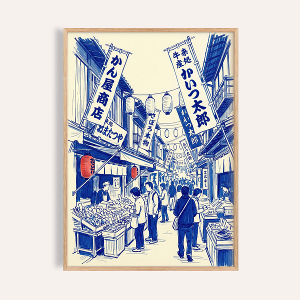 Japanese Market Art Print in blue, red, and white for kitchen wall art