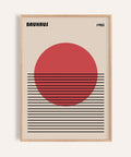 Impression artistique géométrique avec soleil rouge et lignes noires dans le style Bauhaus
