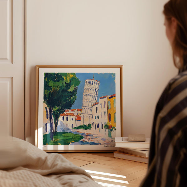 Reproduction artistique de Pise avec des coups de pinceau audacieux et le monument penché emblématique de l'Italie.