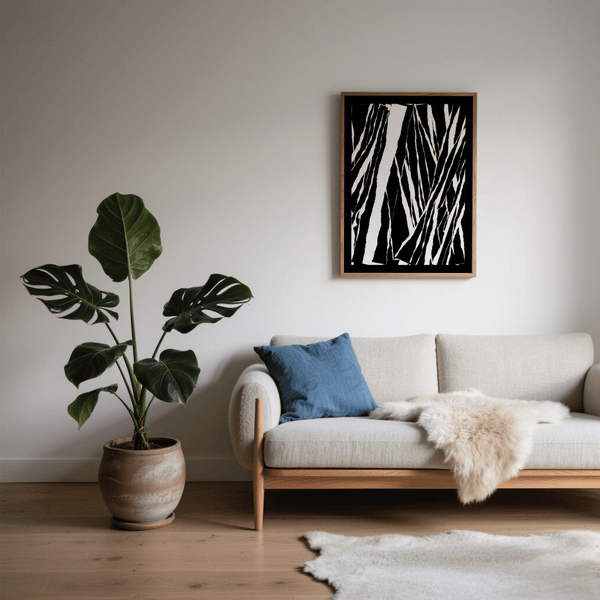 Art mural abstrait noir et blanc audacieux avec du noir et du blanc pour un salon contemporain