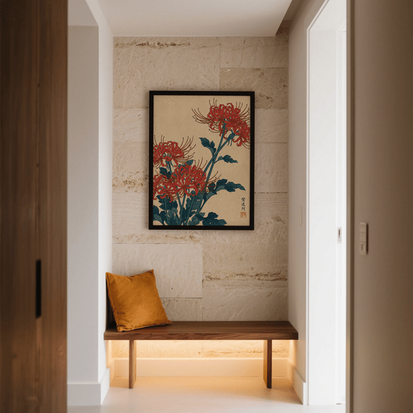 Décoration murale japonaise florale avec fond beige et feuilles vertes pour salle à manger