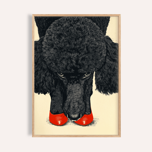 Décoration murale Poodle en beige, noir et rouge pour une affiche de salon
