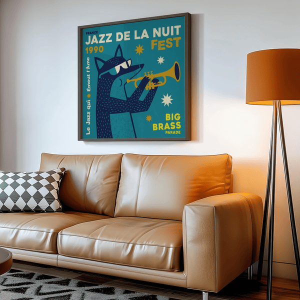 Impression artistique Jazz Festival avec du jaune et du bleu pour une décoration murale créative dans votre salon