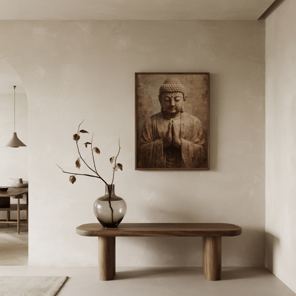 Impression artistique méditative dans des tons sereins de brun et de beige pour décorer les murs de votre bureau à domicile