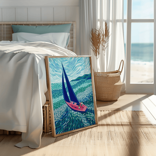 Impression artistique « Voilier bleu et rose » pour une chambre à coucher sereine