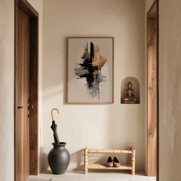 Affiche artistique dorée et noire représentant des formes dynamiques dorées et noires sur fond beige, pour les bureaux.