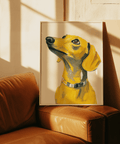 Impression chien teckel en jaune et blanc pour une décoration murale moderne dans votre couloir