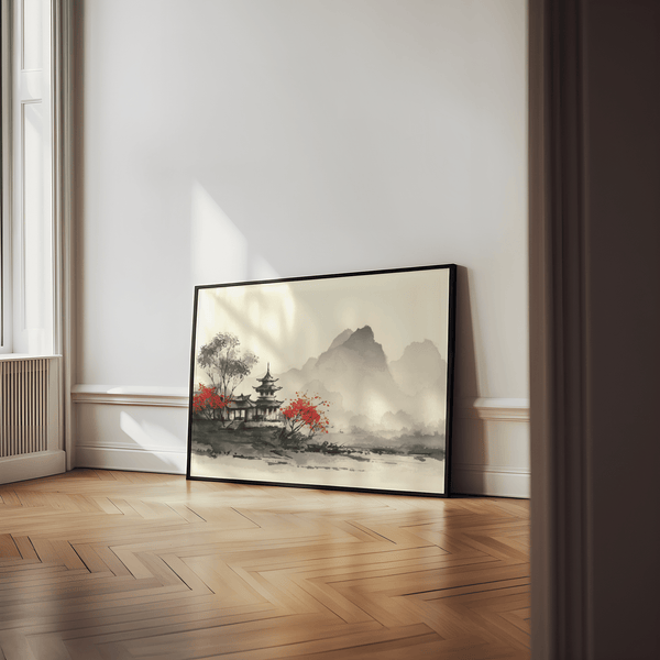 Impression artistique représentant un paysage chinois paisible dans les tons gris, blanc, rouge et noir, pour décorer votre chambre à coucher.